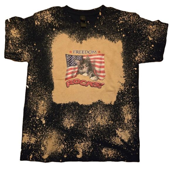 Youth Medium Patriotic Bleached Tee | Freedom Rocks Cat Shirt | July 4th Fun - Picture 1 of 4
